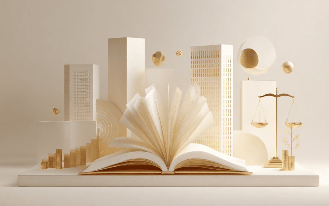 Illustration minimaliste d’un livre doré entouré de symboles abstraits de finance, droit et immobilier, représentant la FAQ sur les produits structurés.