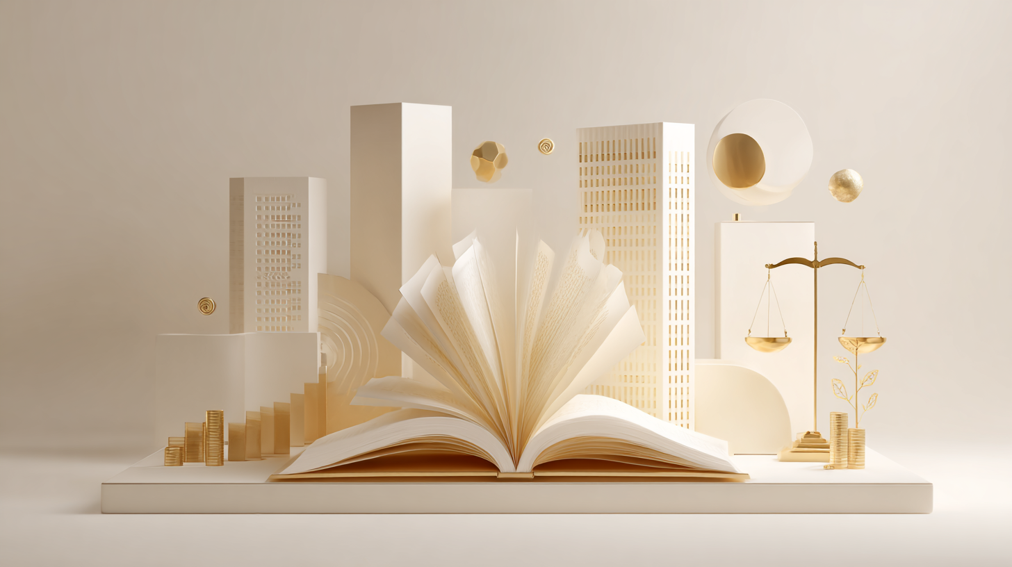 sumatra-apropos Illustration minimaliste d’un livre doré entouré de symboles abstraits de finance, droit et immobilier, représentant la FAQ sur les produits structurés.