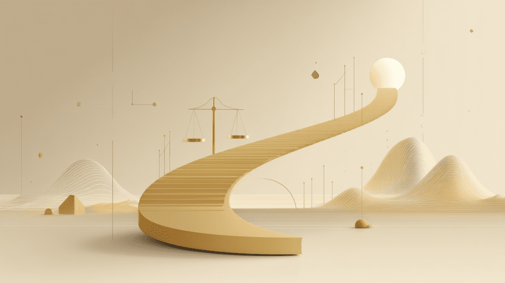 Illustration minimaliste symbolisant la construction du patrimoine au fil de la vie, des premières étapes professionnelles jusqu’à la retraite, avec des éléments dorés représentant la justice, la finance et l’immobilier.