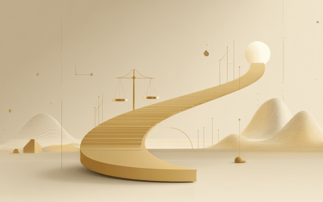 Illustration minimaliste symbolisant la construction du patrimoine au fil de la vie, des premières étapes professionnelles jusqu’à la retraite, avec des éléments dorés représentant la justice, la finance et l’immobilier.