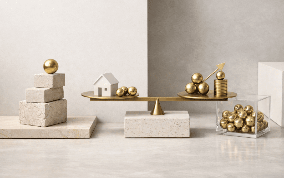 Balance minimaliste en pierre et métal doré avec sphères dorées, illustrant l’arbitrage entre dette et investissement