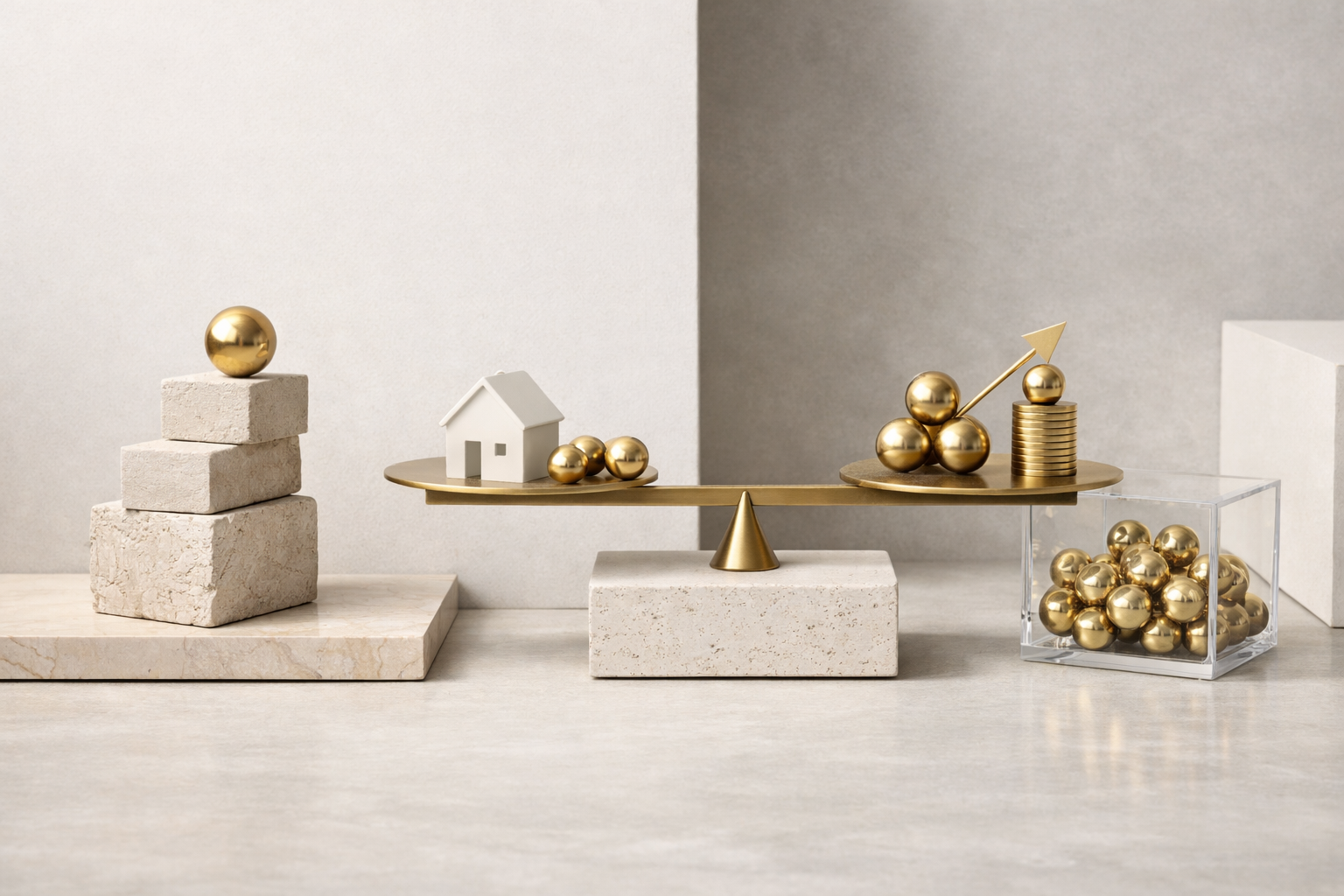 Balance minimaliste en pierre et métal doré avec sphères dorées, illustrant l’arbitrage entre dette et investissement